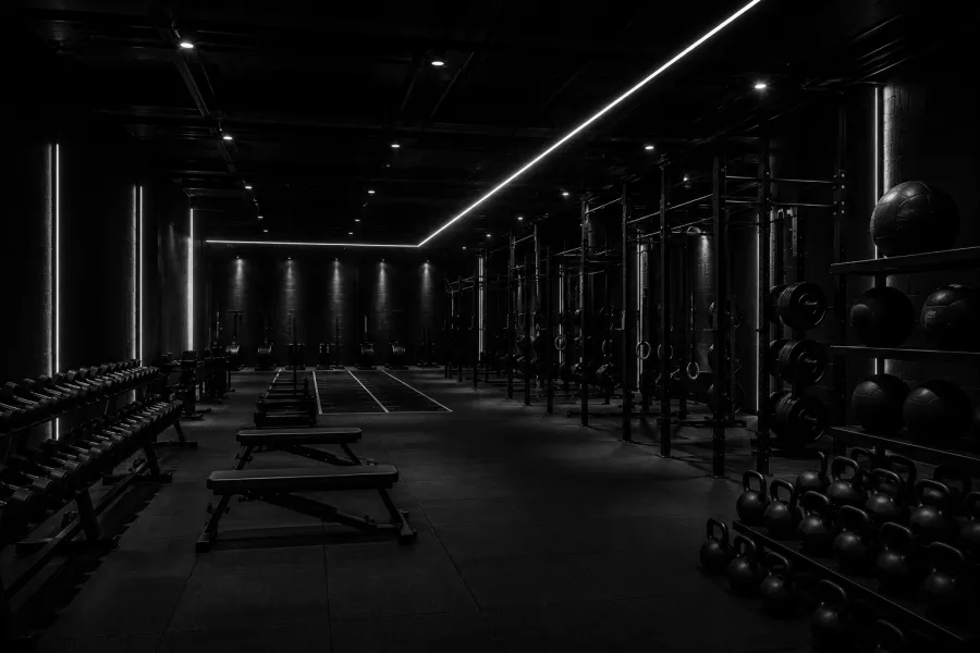 Zona de pesos libres de 928 Hybrid Club — dumbbells y bancos
