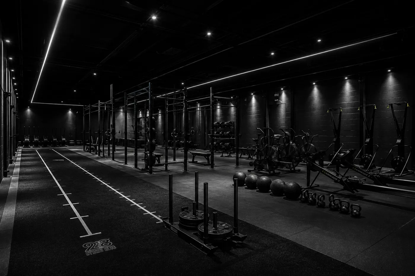Zona principal de entrenamiento de 928 Hybrid Club — racks, pista de carrera y área funcional