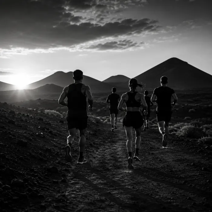Corredores de 928 Hybrid Club en pista volcánica al amanecer