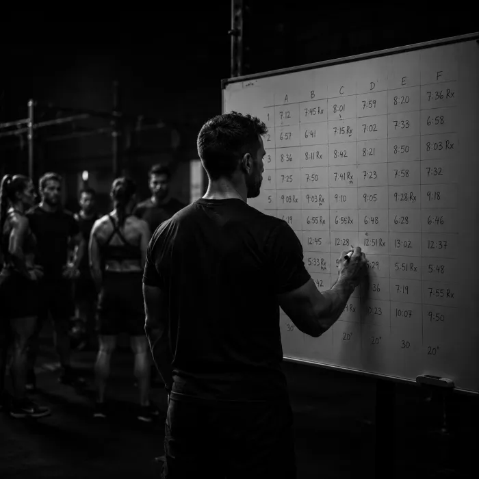 Coach anotando tiempos de un reto interno en la pizarra del box